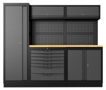 BOXO OSM werkbank met hoge kast, 2 onderkasten, 2 bovenkasten en fins multiplex werkblad met UV- en vloeistofbestendige toplaag