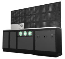 OSM wand met spoelbak, prullenbak en haspelkast (geschikt voor olie-, electra- of luchthaspels) met RVS werkblad